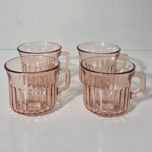 Crisa Pink Depression Glass Mugs Set of 4 Ribbed Panel Coffee Tea Cups Mexico